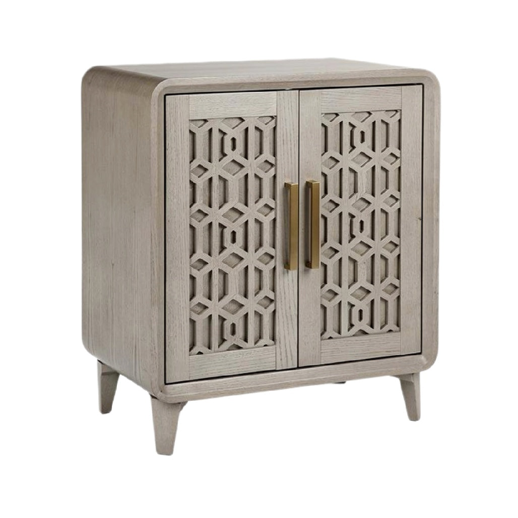 **Szafka nocna z ozdobnymi drzwiami i nogami w stylu skandynawskim**