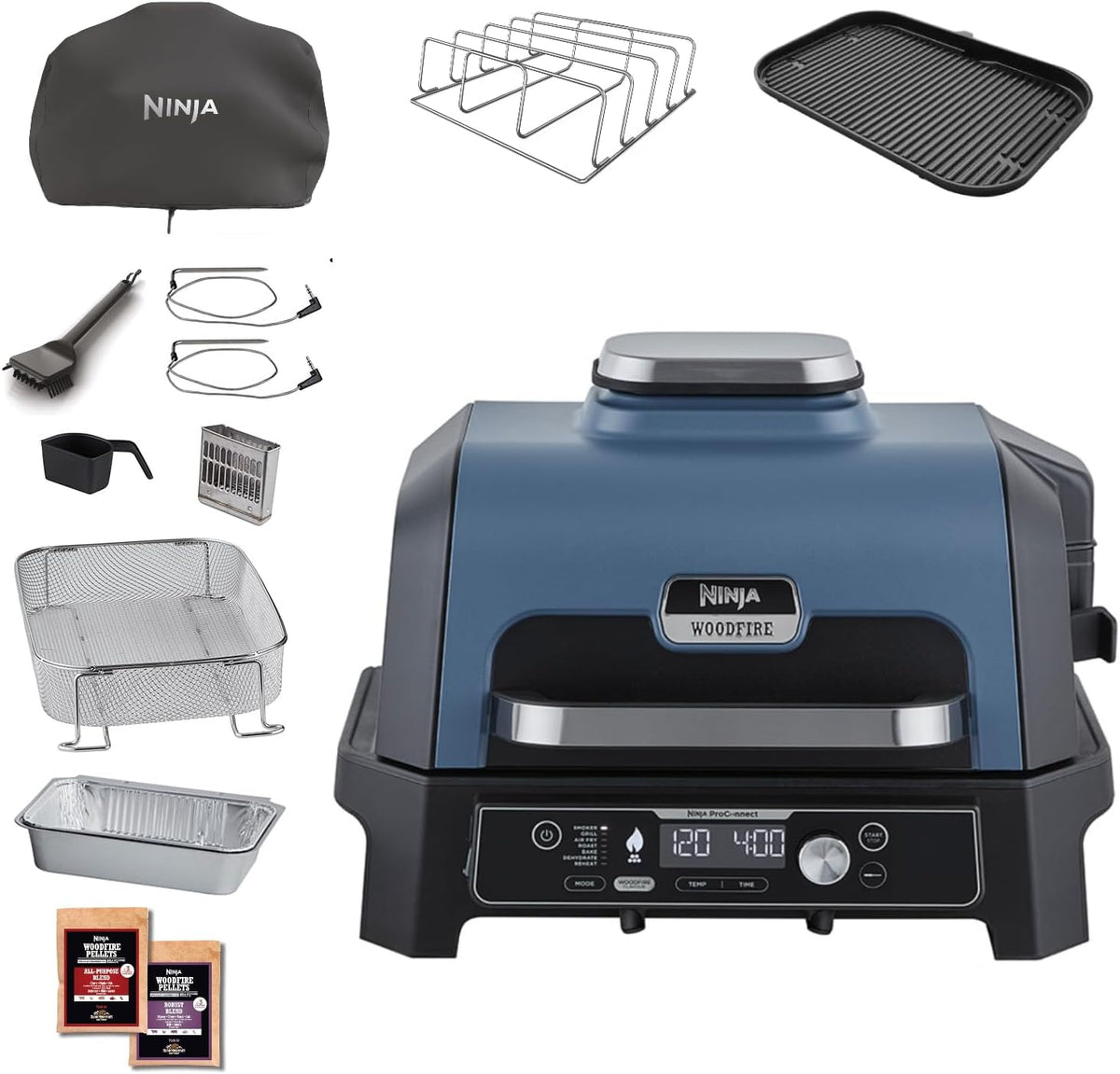 Ninja Woodfire Pro Connect XL Grill elektryczny BBQ I wędzarnia ze sterowaniem za pomocą aplikacji, 2 cyfrowymi sondami, dużym grillem zewnętrznym i smażeniem beztłuszczowym 7 w 1, OG901EUAMZ(Woodfire Pro Connect XL + Akcesoria)